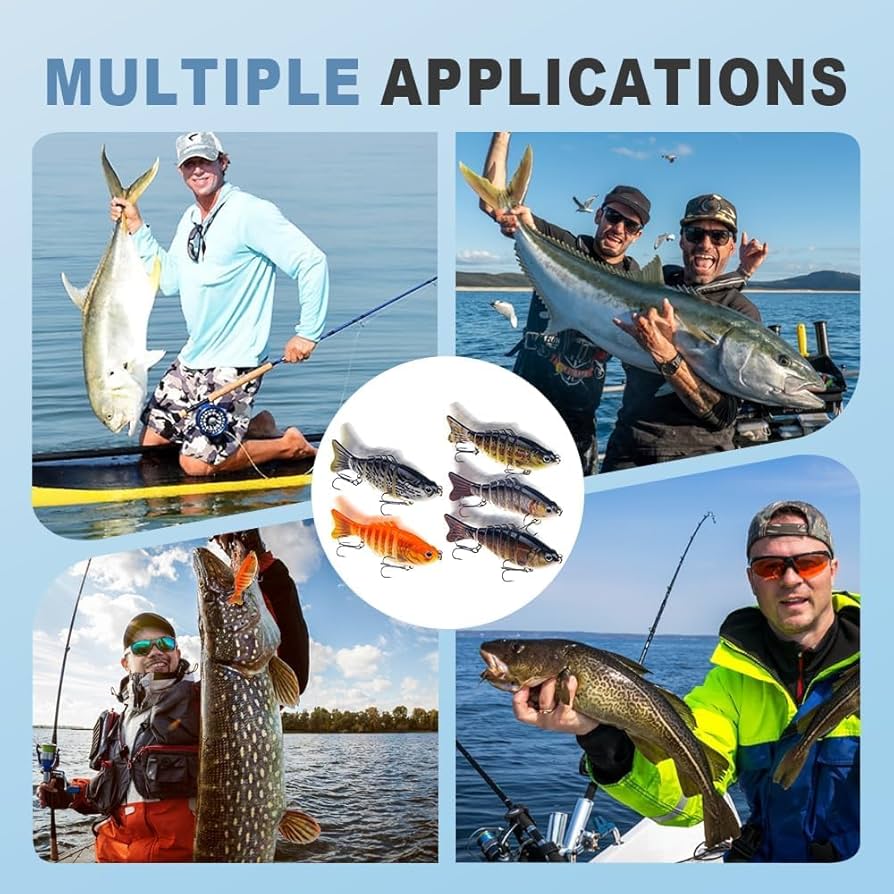 Collage of people fishing with various types of fish and fishing lures.