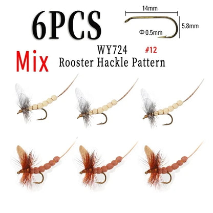 WIFREO 6PCS #10#12 #14 CDC Feather Wing Mayfly Deer Hair Body Dry Fly Rocky River Trout Fishing Flies Bait Lure
