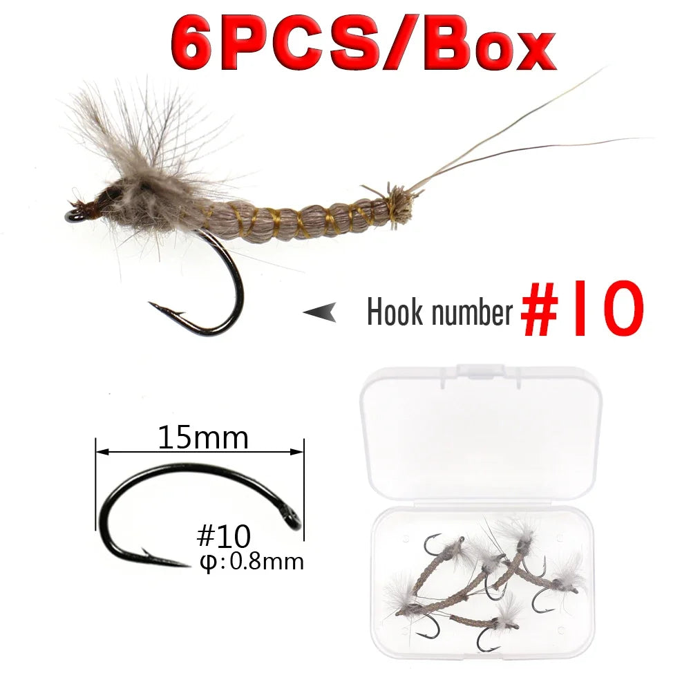 WIFREO 6PCS #10#12 #14 CDC Feather Wing Mayfly Deer Hair Body Dry Fly Rocky River Trout Fishing Flies Bait Lure