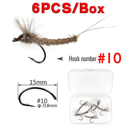 WIFREO 6PCS #10#12 #14 CDC Feather Wing Mayfly Deer Hair Body Dry Fly Rocky River Trout Fishing Flies Bait Lure