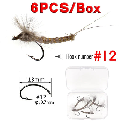 WIFREO 6PCS #10#12 #14 CDC Feather Wing Mayfly Deer Hair Body Dry Fly Rocky River Trout Fishing Flies Bait Lure