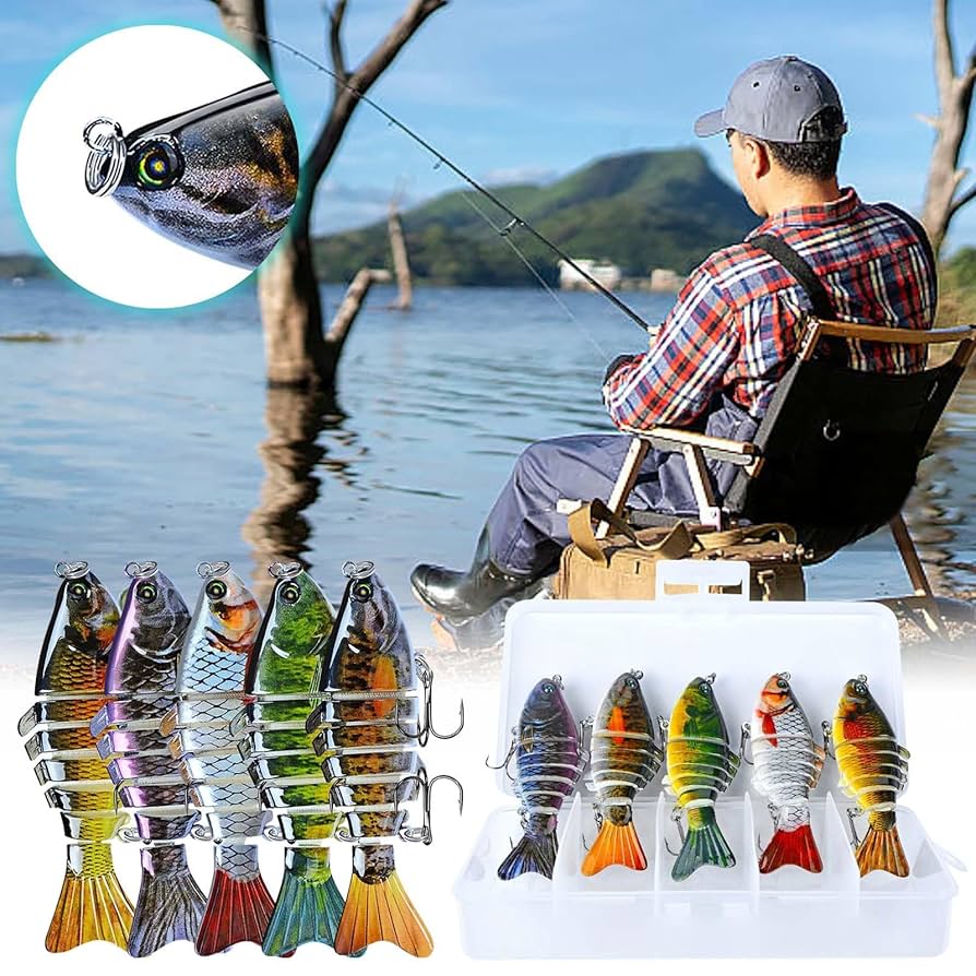 Fishing scene with a man sitting by a lake, surrounded by colorful fishing lures.